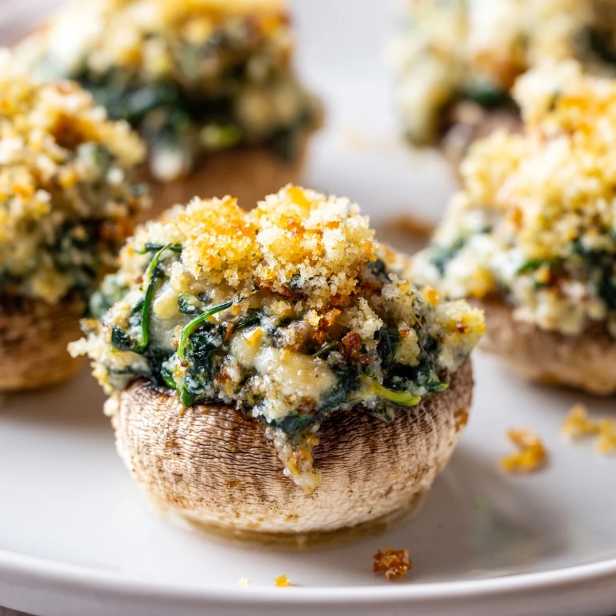 Freshly roasted Vegetarian Stuffed Mushrooms with wilted spinach and creamy filling, arranged on a dark serving board.