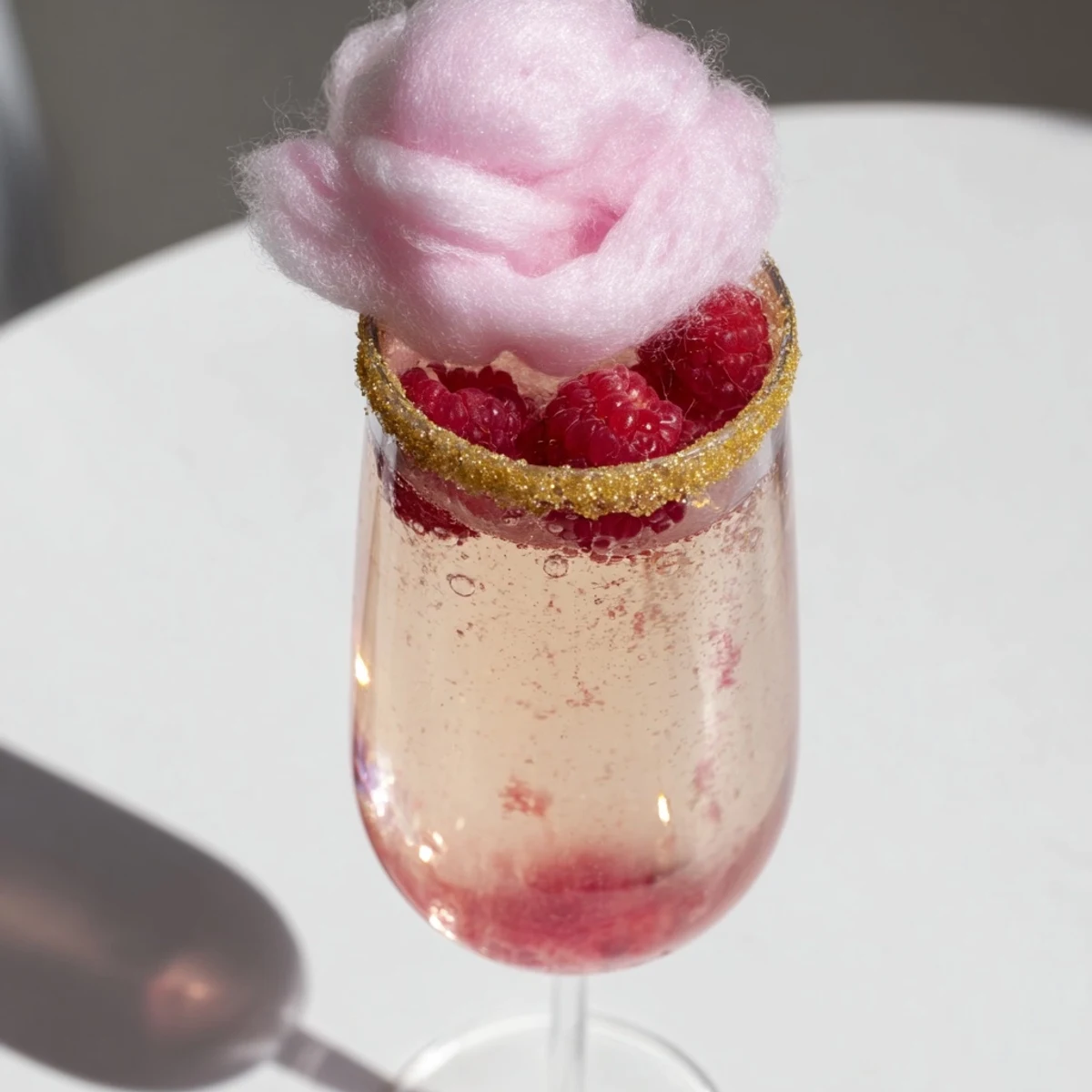 Sparkling pink champagne mocktail topped with fluffy cotton candy, served in a champagne flute with fresh raspberries.