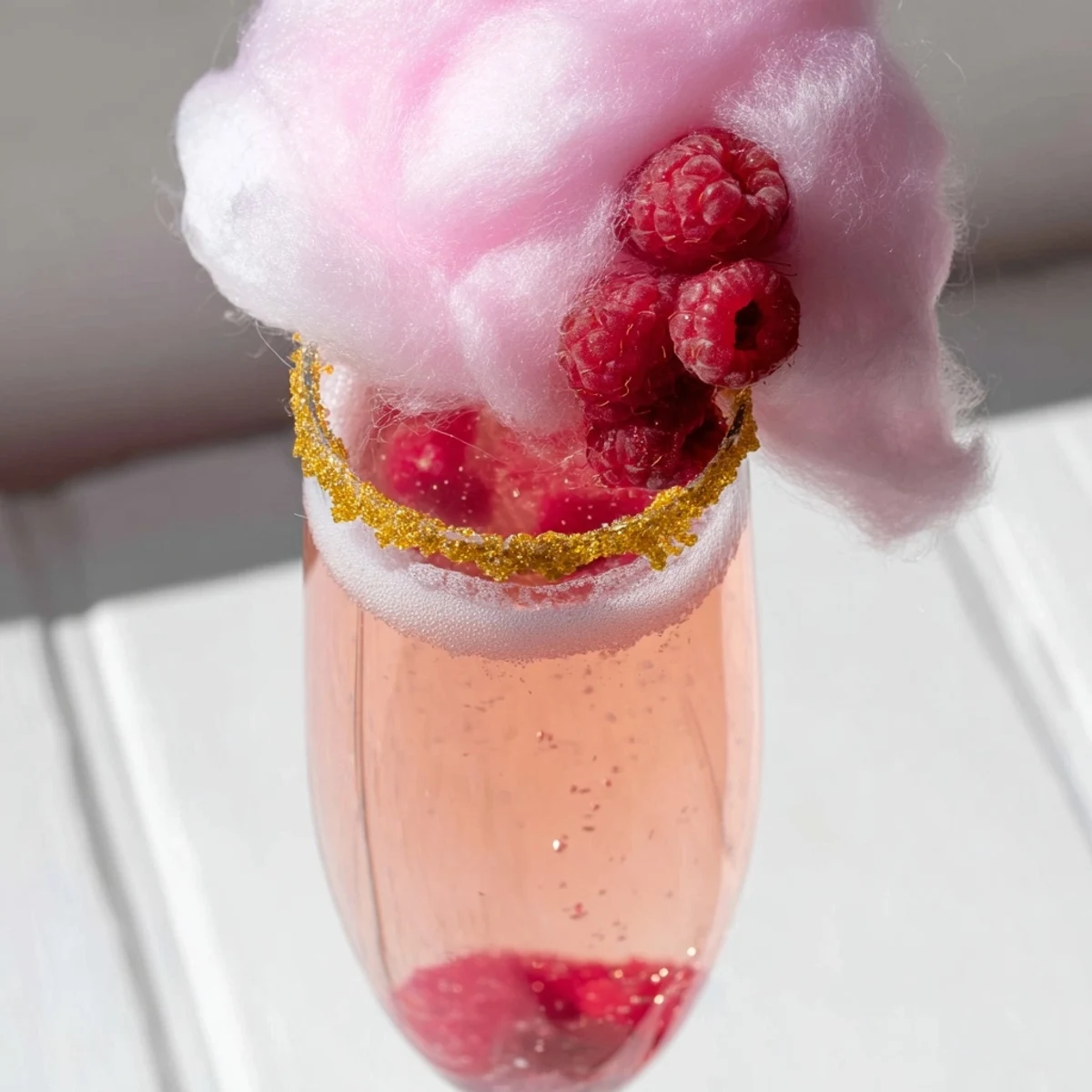 Vibrant pink champagne mocktail with dissolving cotton candy and a gold sugar rim on a festive tabletop.