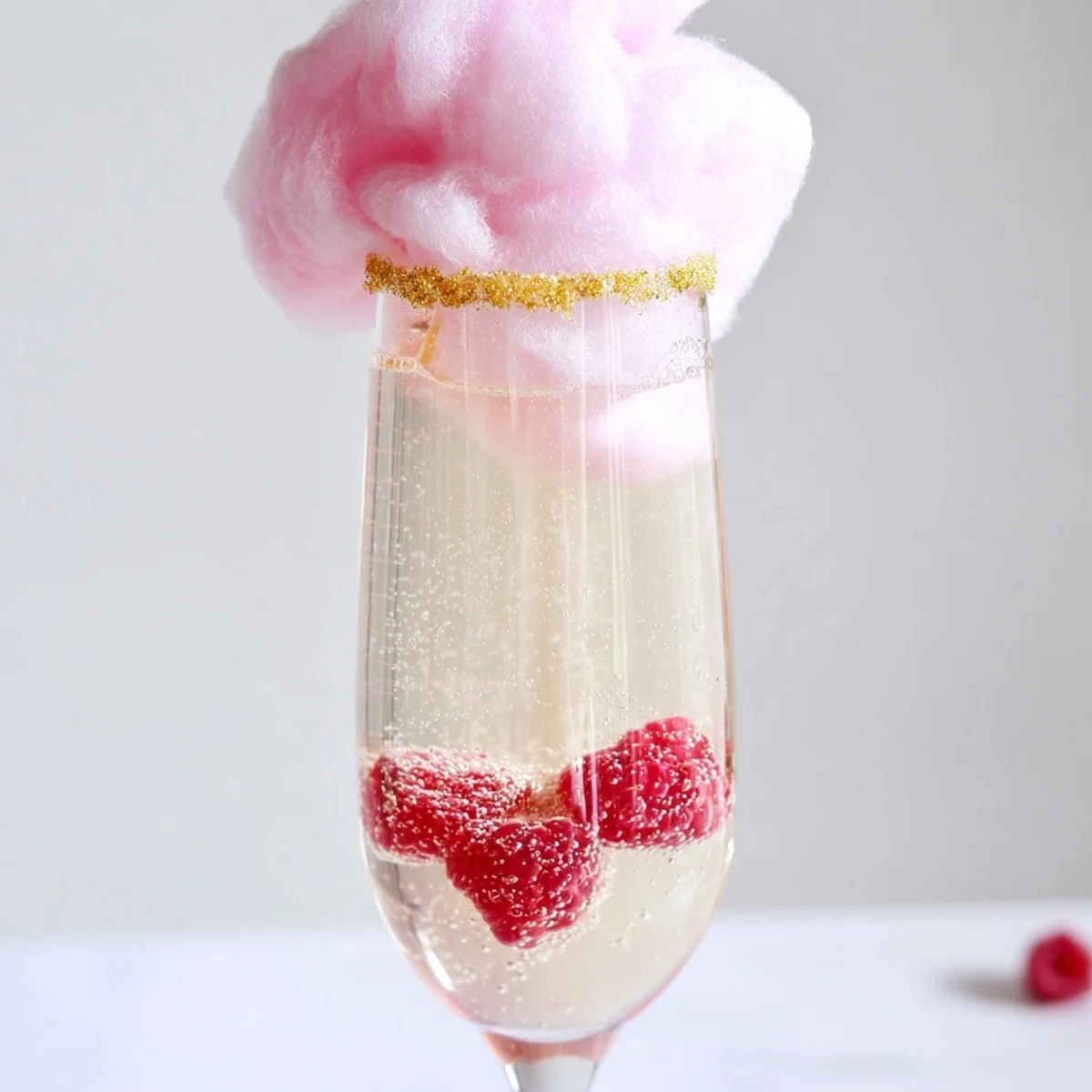 Glossy pink champagne mocktail garnished with cotton candy and strawberries, celebrating a bubbly non-alcoholic party drink.