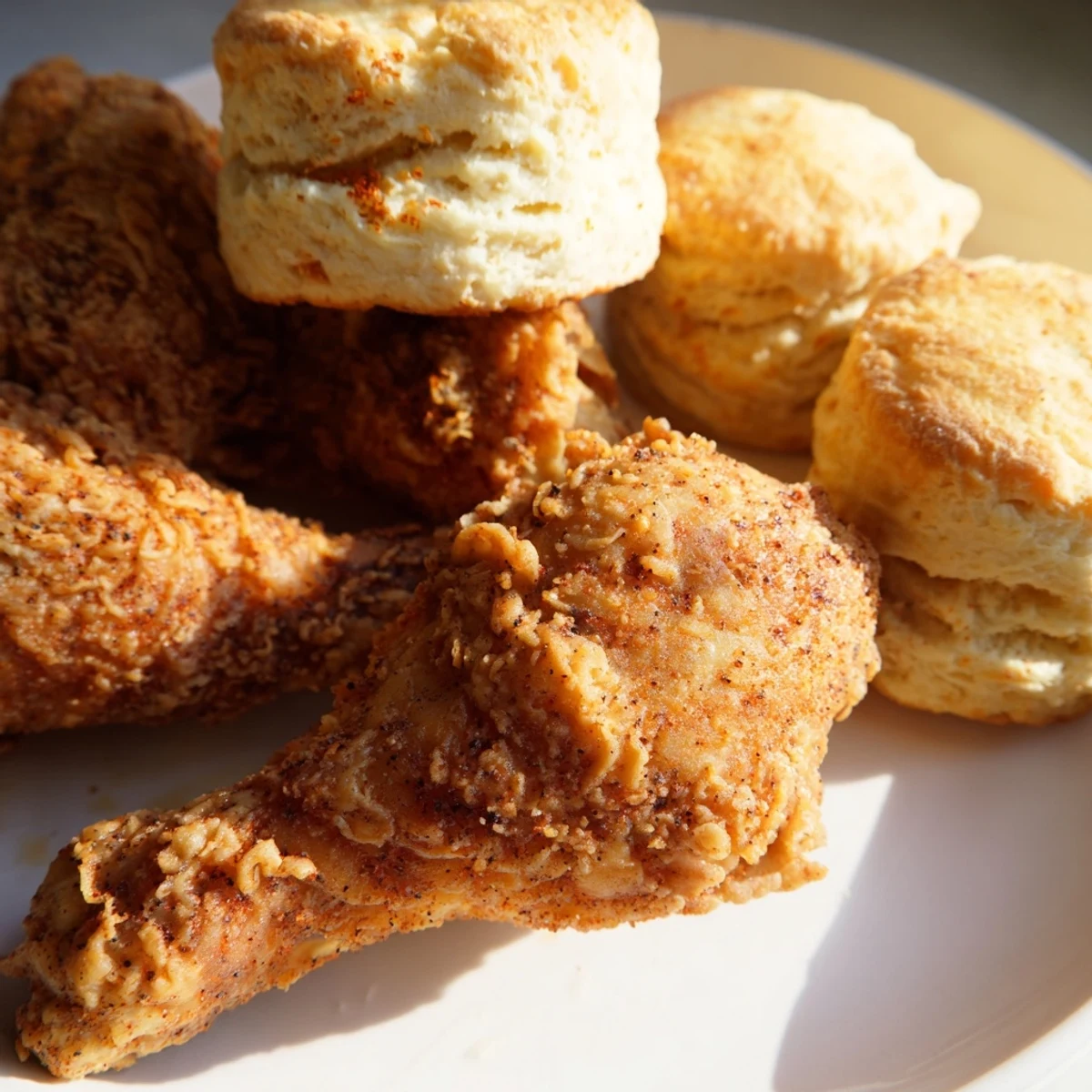 Golden brown Southern Fried Chicken with Buttermilk Biscuits served on a rustic plate with honey.