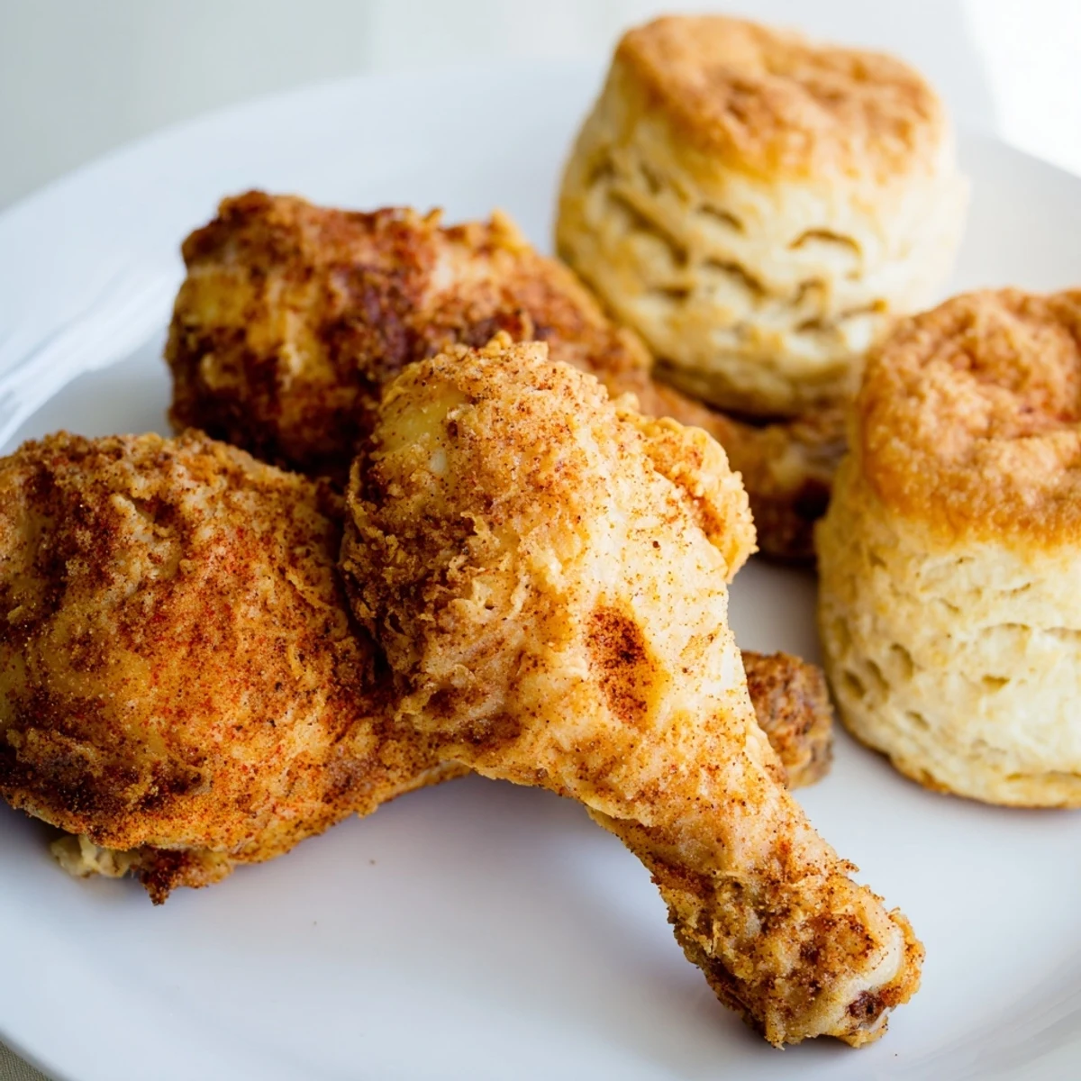 Southern Fried Chicken with Buttermilk Biscuits garnished with herbs on a farmhouse style table.