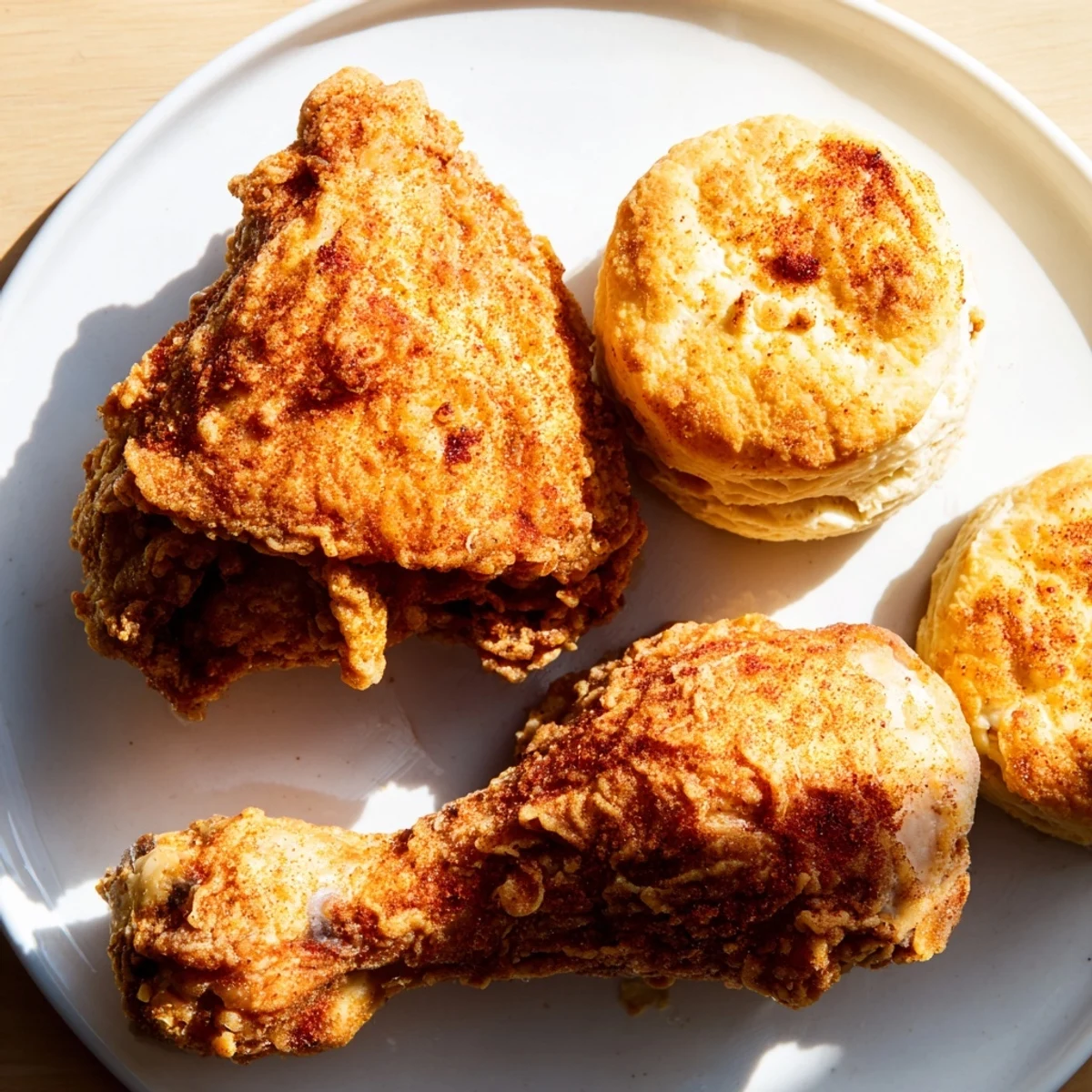 A close-up of crispy Southern Fried Chicken alongside tender, flaky Buttermilk Biscuits and gravy.