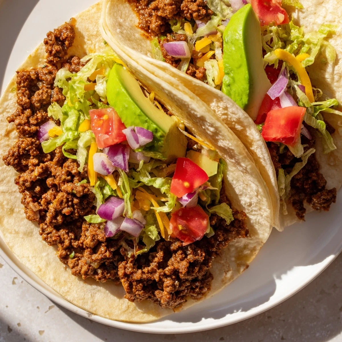 Sizzling homemade ground beef rests on warm corn tortillas, topped with shredded lettuce, diced tomatoes, and melted cheese for Beef Tacos.