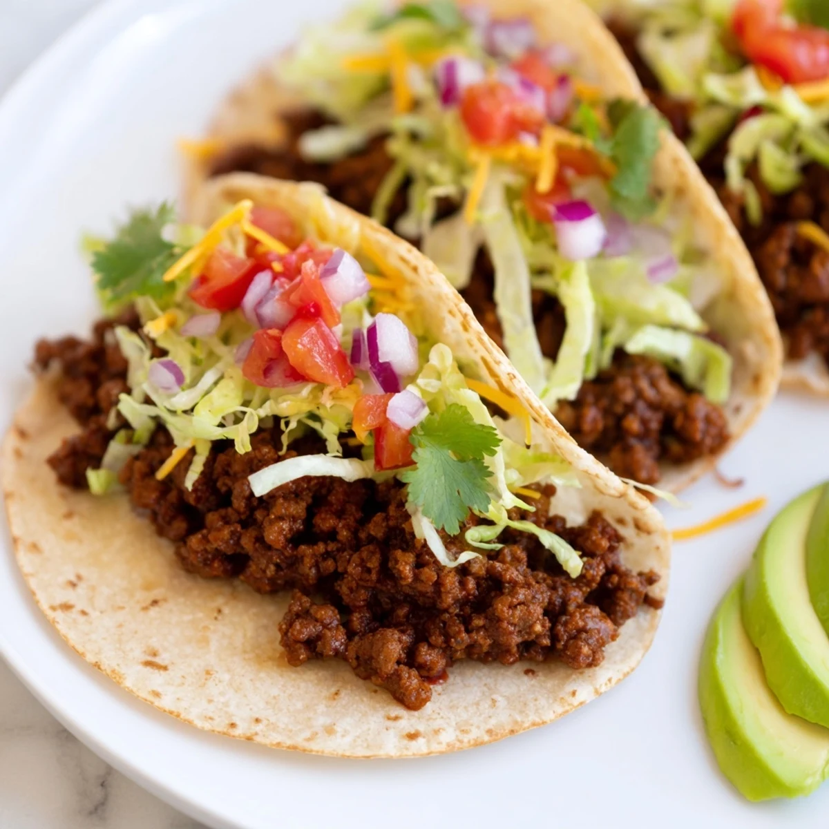 Perfectly seasoned Beef Tacos with homemade spice blend, garnished with fresh cilantro and creamy avocado slices, ready to serve for taco night.