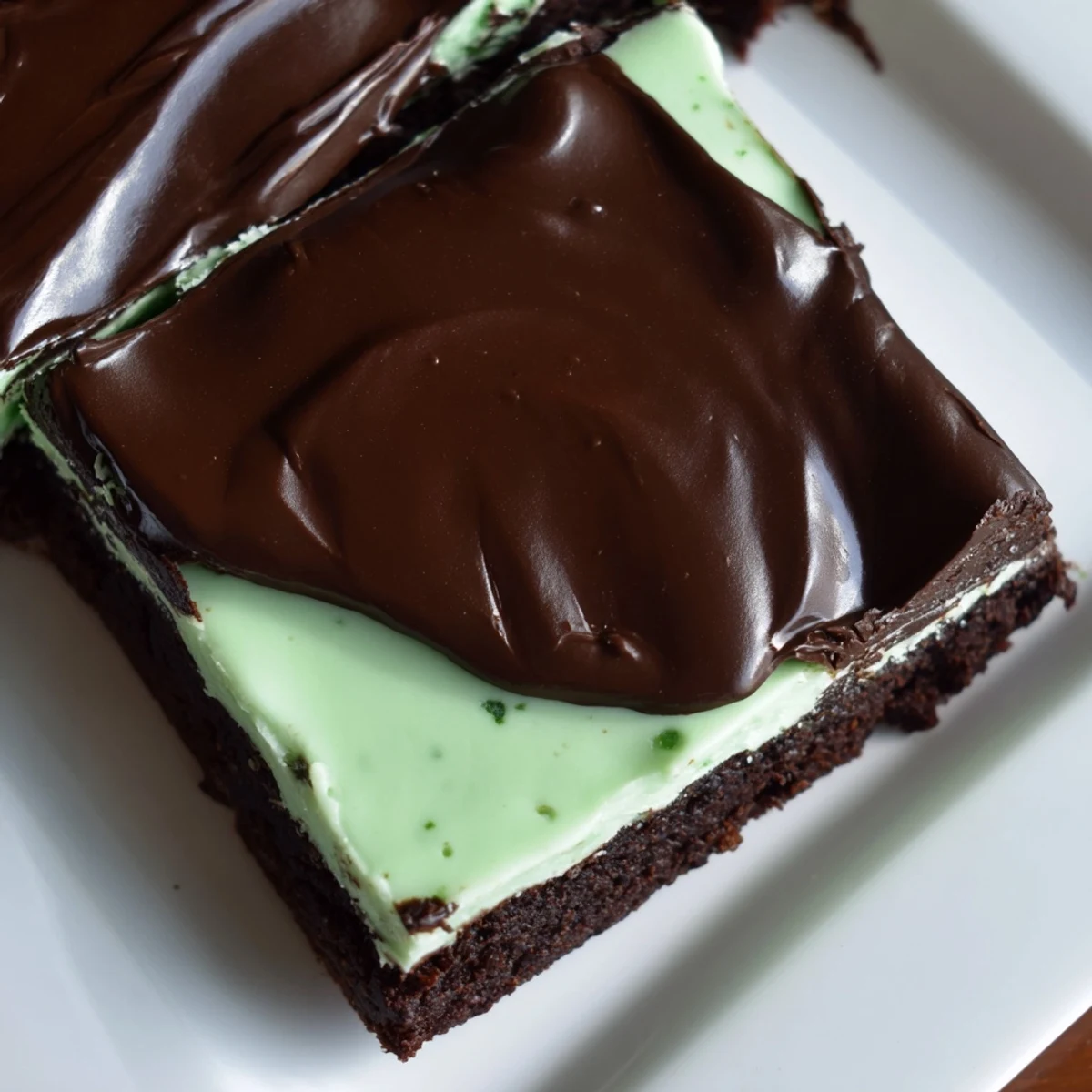Cool mint cream layer and shiny ganache make Shamrock Mint Brownies with Chocolate Ganache extra festive.