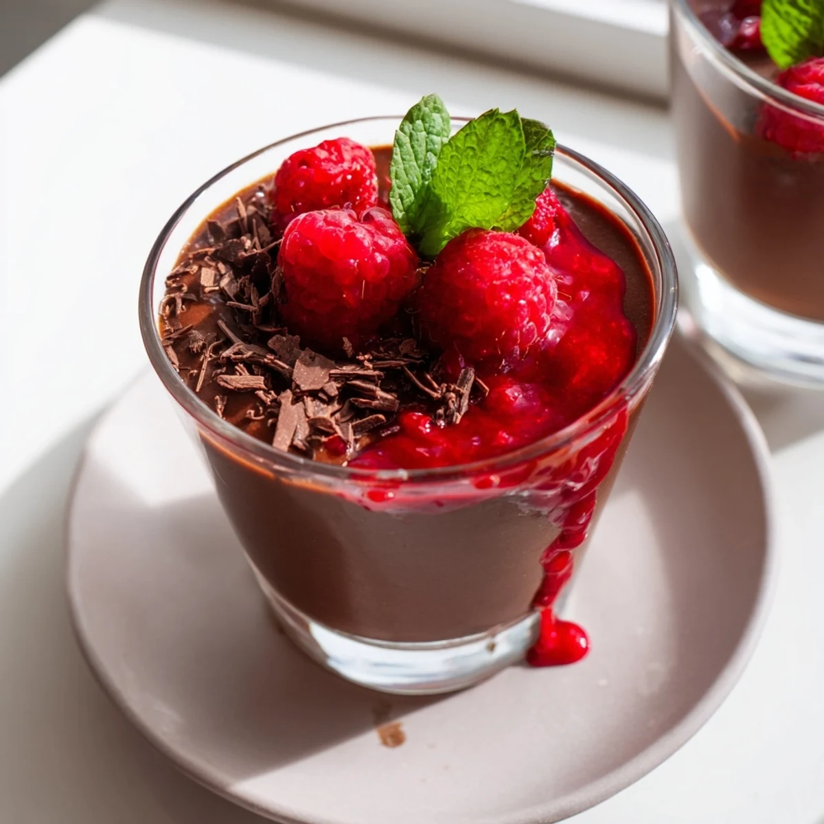 Silky chocolate mousse is spooned into a clear glass and topped with bright red raspberry coulis and fresh berries.