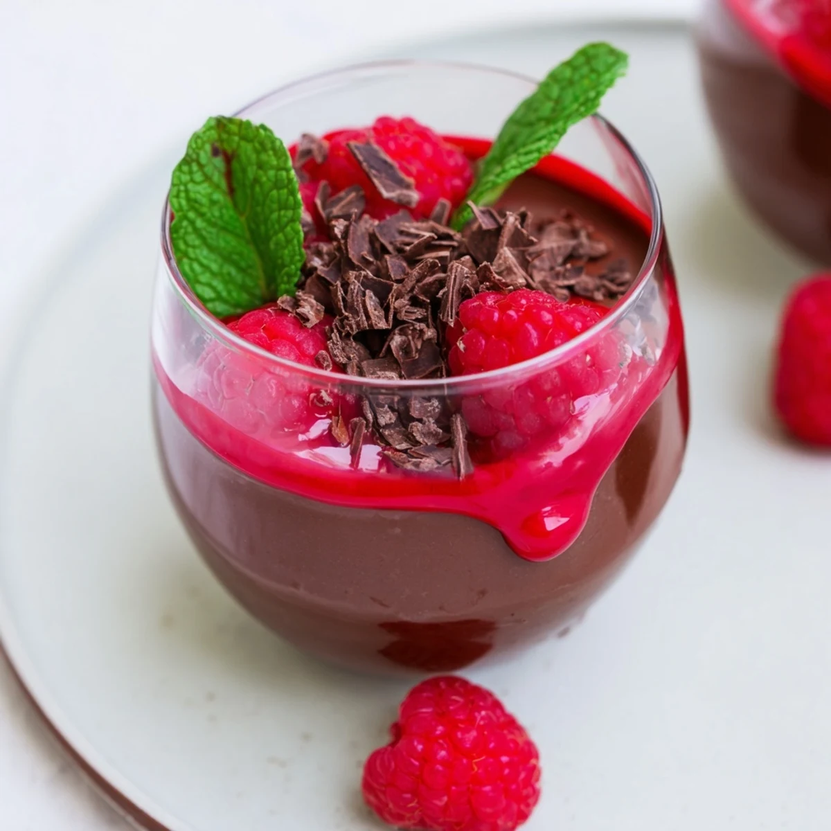 A close-up shows creamy chocolate mousse layered with vibrant, glossy raspberry sauce, garnished with a fresh mint leaf.