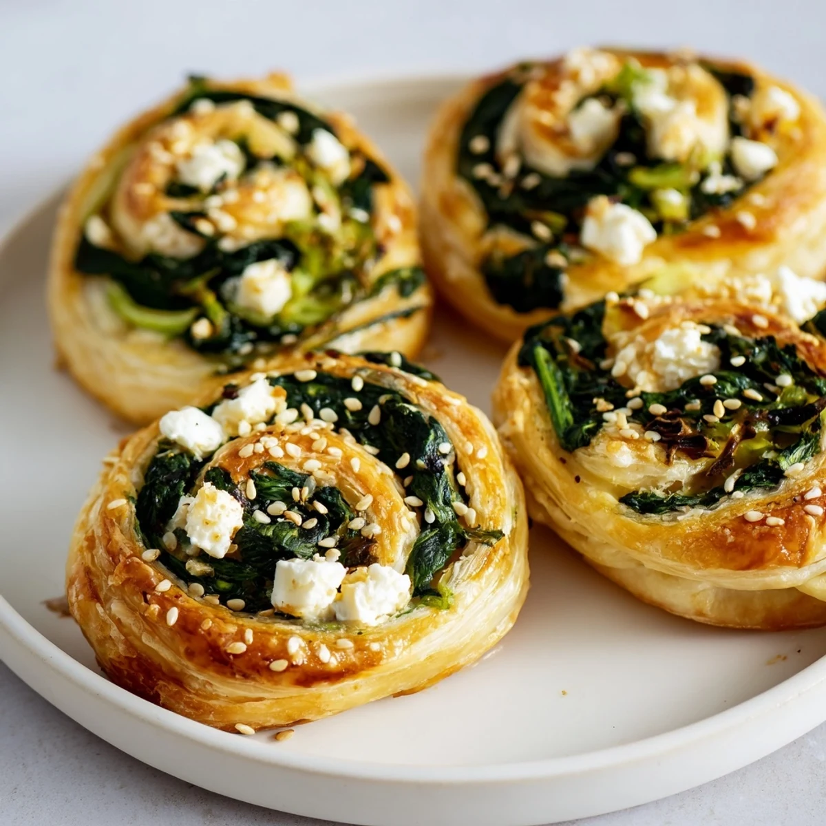 Freshly baked Spinach and Feta Puff Pastry Pinwheels with golden, flaky layers and a vibrant green filling, plated on a rustic wooden board.
