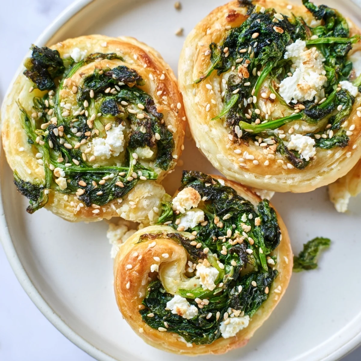 A close-up view of warm Spinach and Feta Puff Pastry Pinwheels topped with sesame seeds, revealing creamy feta and wilted spinach inside.