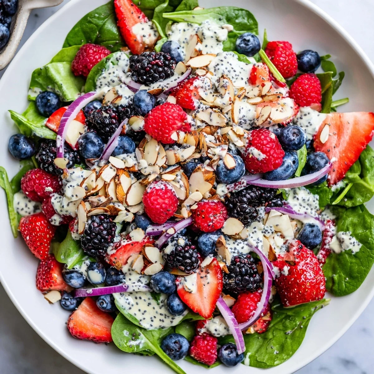 Fresh Berry Salad with Poppy Seed Dressing is tossed in a white bowl, featuring crisp greens, sliced strawberries, and creamy dressing.