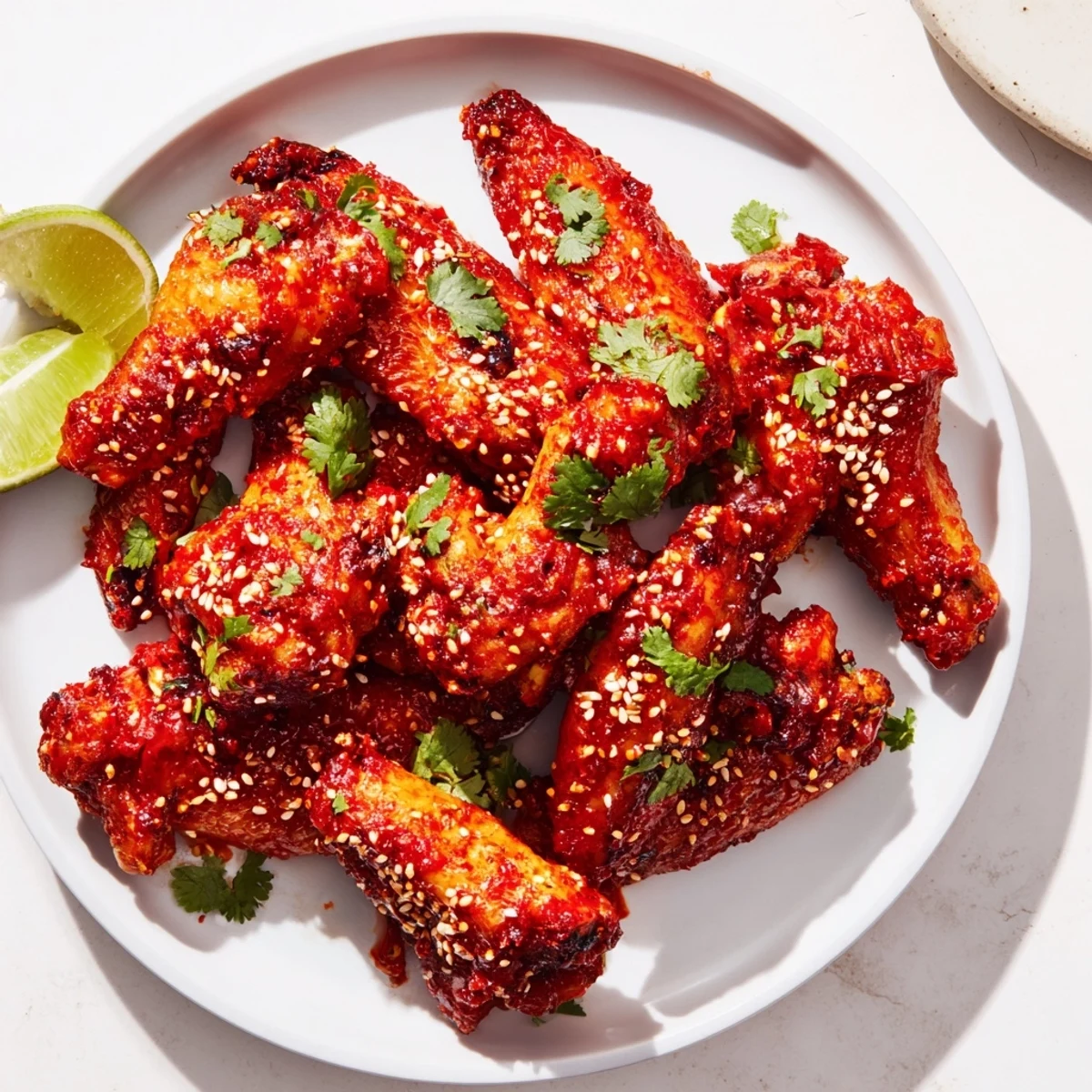 Freshly baked Spicy Sriracha Chicken Wings piled high on a platter, glistening with glossy red sauce and topped with cilantro and sesame seeds.