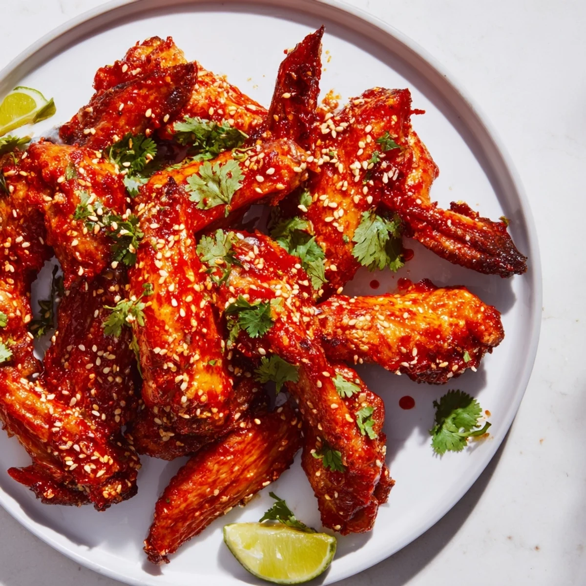 Crispy golden Spicy Sriracha Chicken Wings tossed in a spicy glaze, served alongside fresh lime wedges for a bright, zesty squeeze.