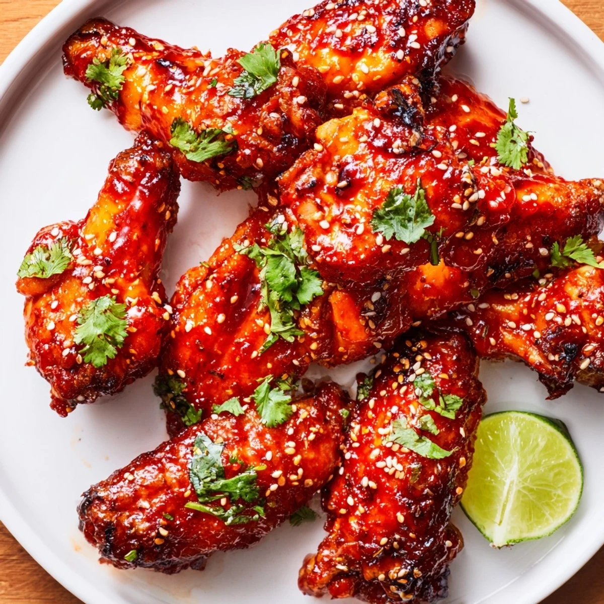 Ready-to-serve Spicy Sriracha Chicken Wings on a white platter, garnished with cilantro, making a perfect appetizer for game day parties.