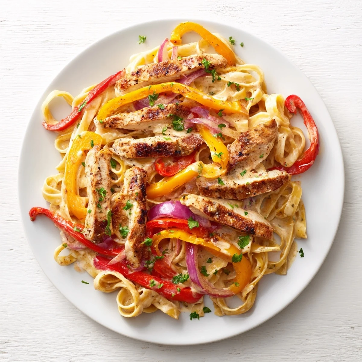 Creamy Cajun Chicken Pasta with sliced red and yellow peppers and parsley garnish on a white plate.