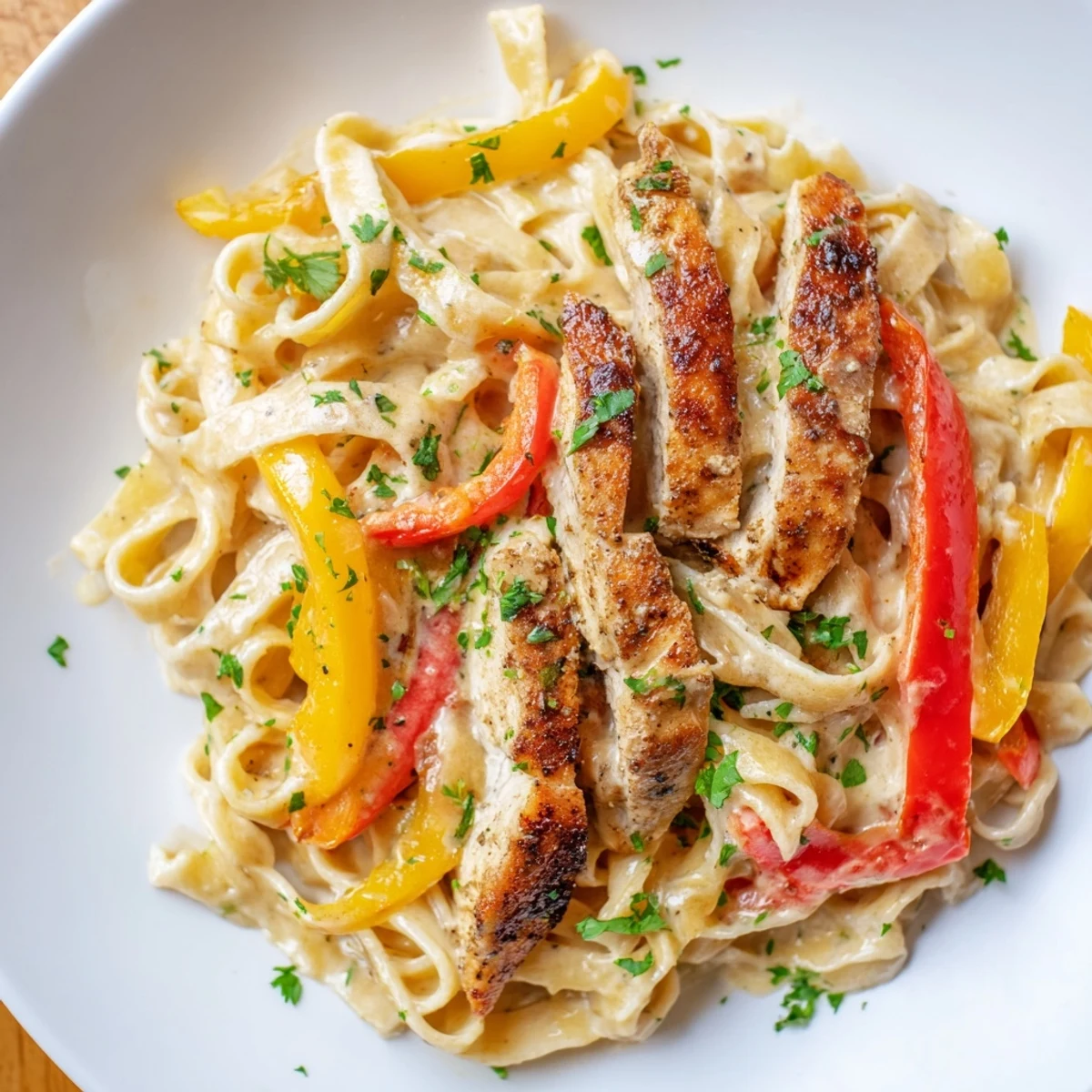 Close-up view of Cajun Chicken Pasta twirled on a fork with a side of crusty bread.