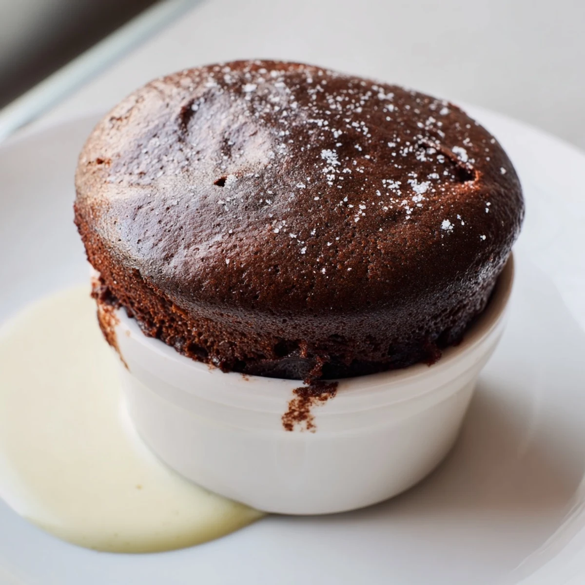 Four warm chocolate soufflés topped with vanilla crème anglaise, rising tall and delicate in white ramekins on a rustic table.