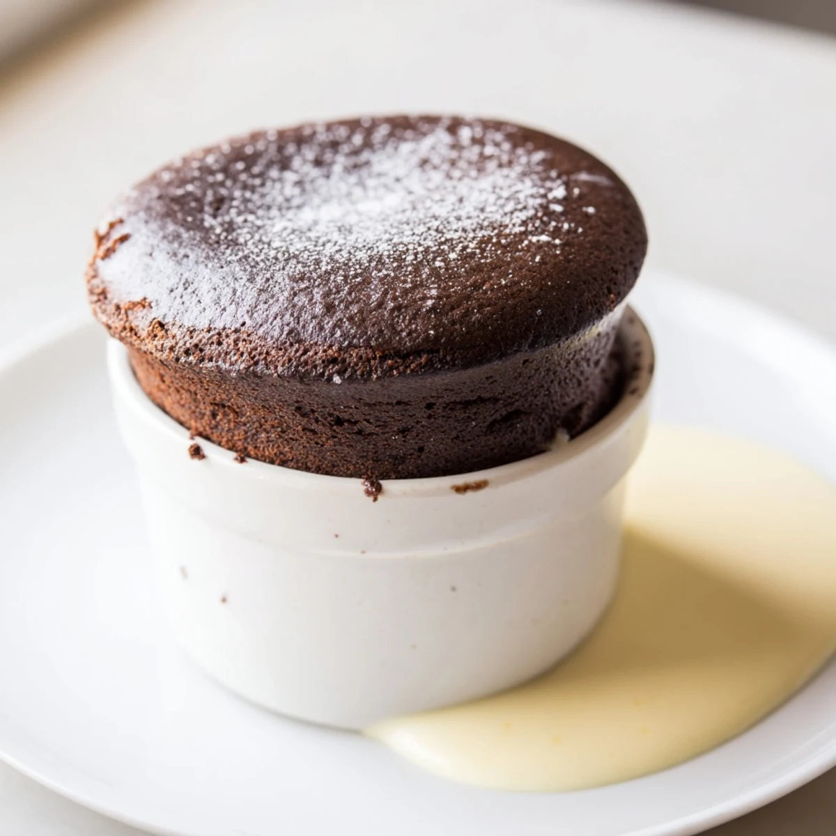 Chocolate soufflé with crème anglaise served alongside a rich espresso, perfect for an elegant French dessert course.
