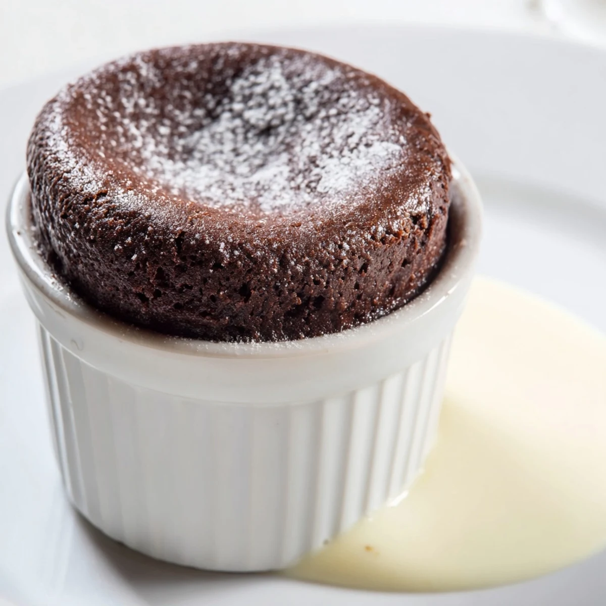 Decadent chocolate soufflé with crème anglaise, bubbling and fluffy right out of the oven, ready to be enjoyed.