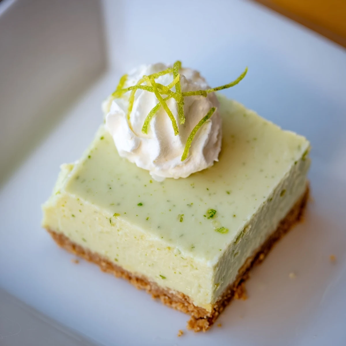 Freshly baked Key Lime Pie Bars with a golden graham cracker crust and tangy lime filling, resting on a wooden board.