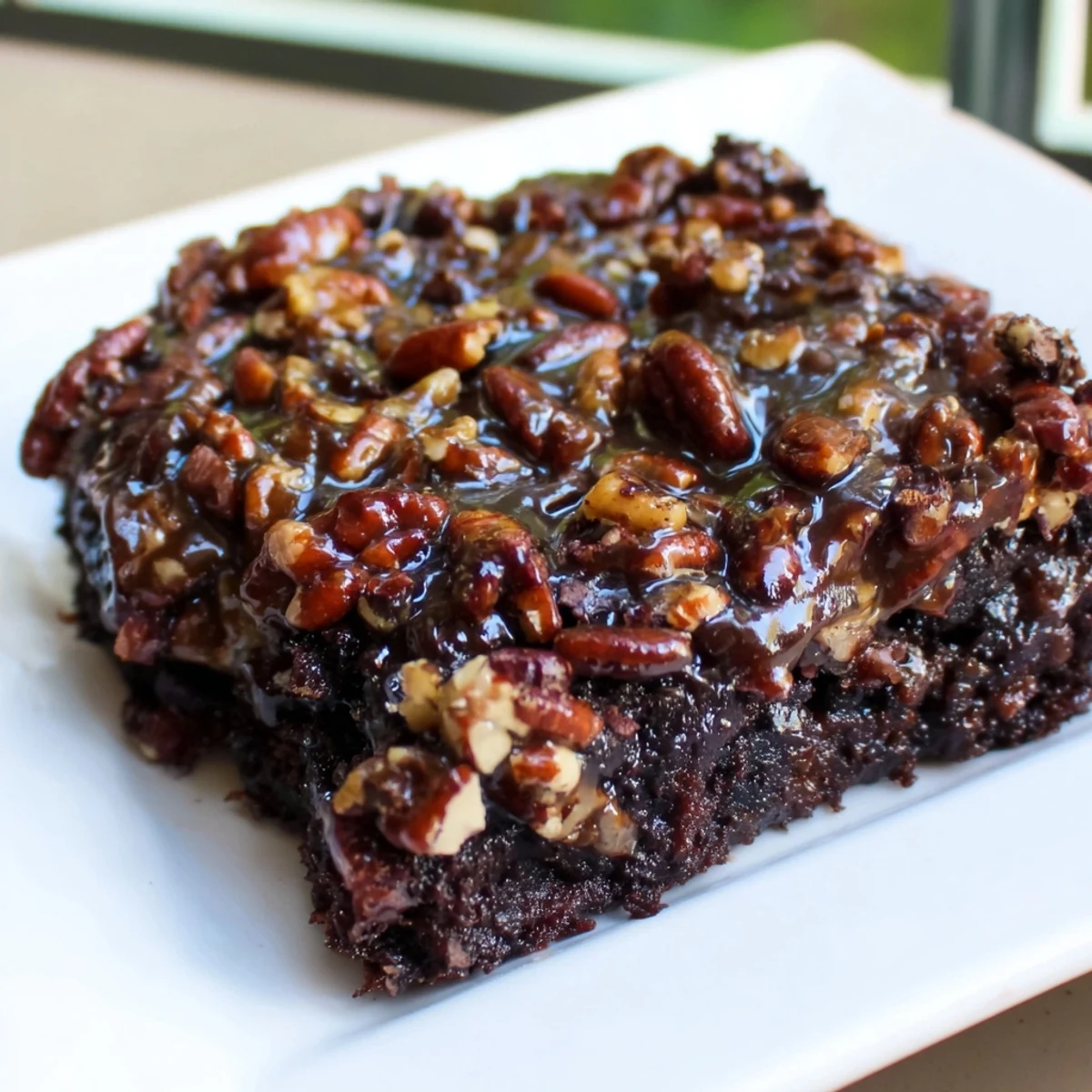 Ready to serve New Orleans Praline Brownies on a rustic wooden board, perfect with vanilla ice cream and coffee.