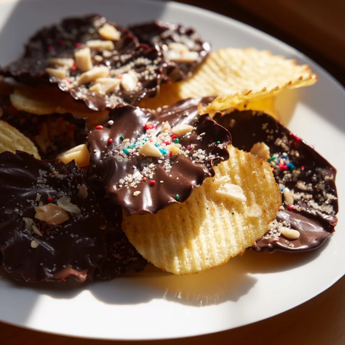 A close-up of golden, crispy kettle-cooked Chocolate Covered Potato Chips, half-dipped in rich dark chocolate and sprinkled with flaky sea salt on a marble counter.
