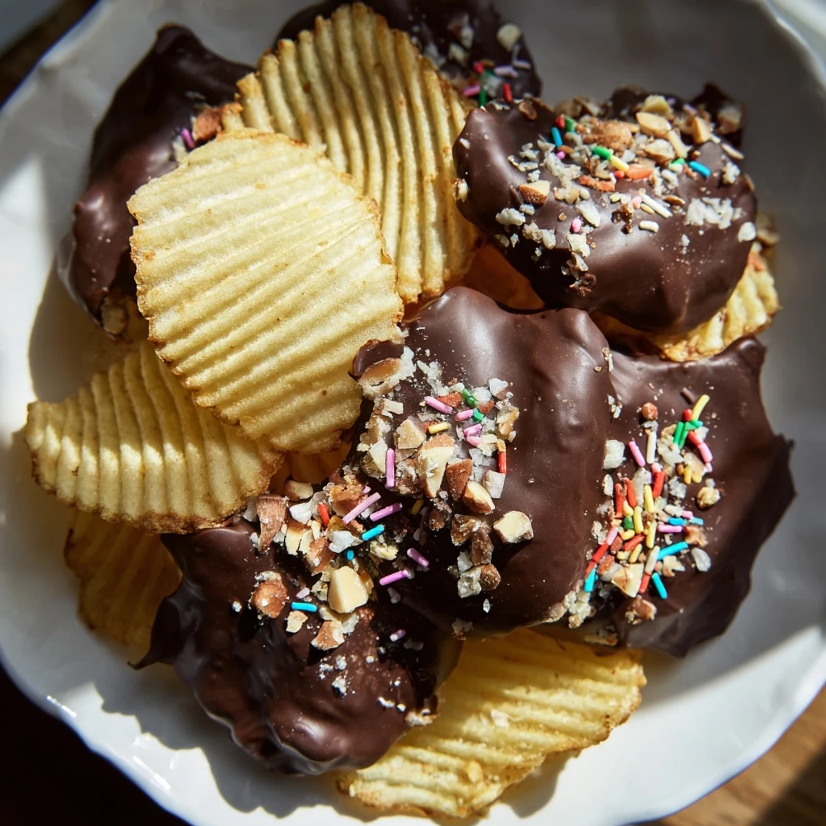 Overhead view of a baking sheet lined with parchment, featuring Chocolate Covered Potato Chips garnished with chopped nuts and colorful sprinkles, ready to serve.