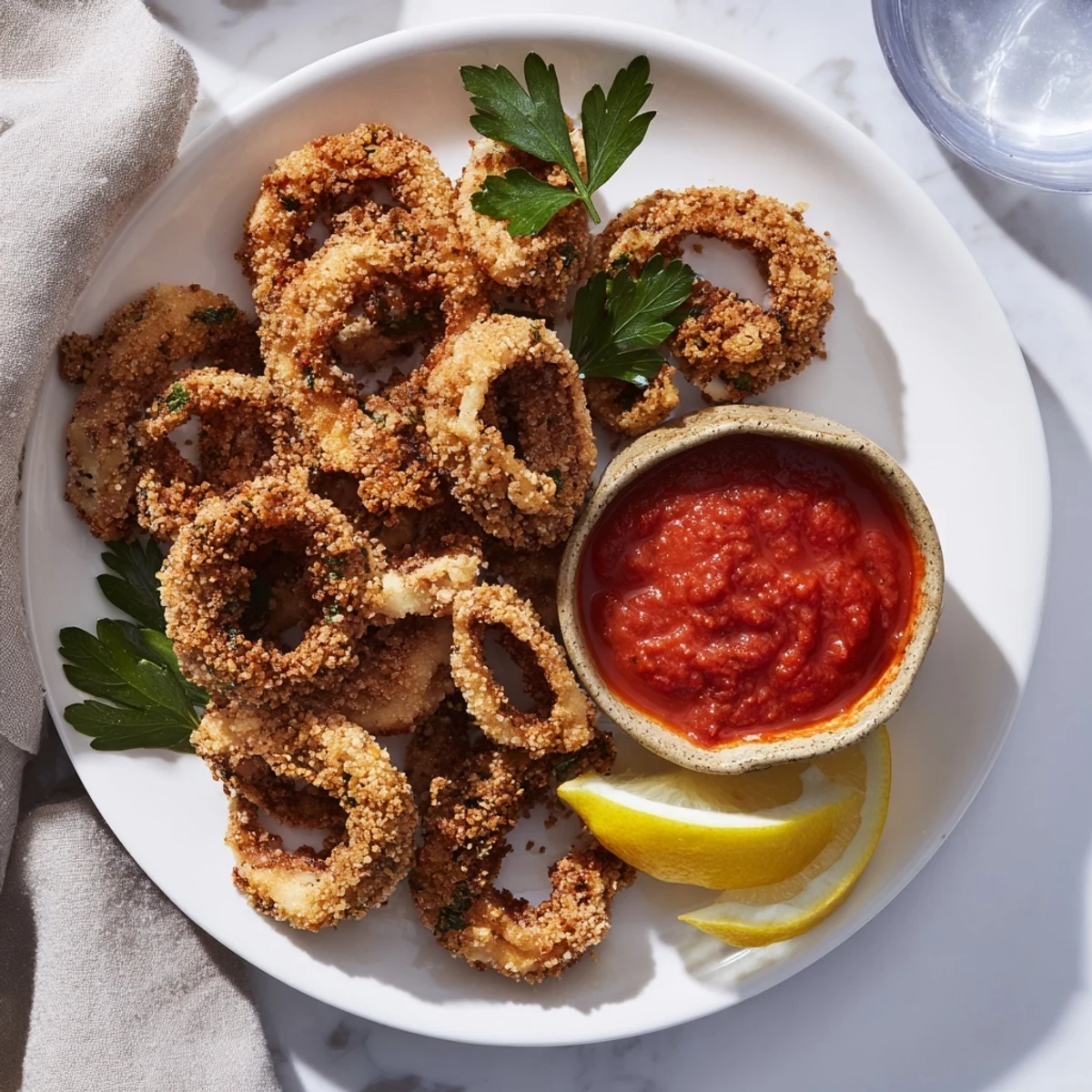 Golden crispy Crispy Calamari with Marinara Sauce stacked on a plate with fresh lemon wedges.