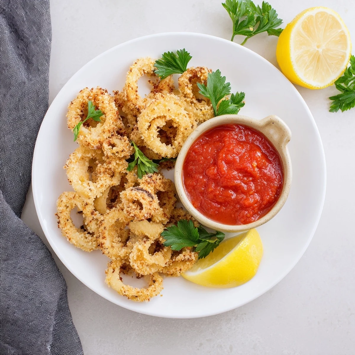 Restaurant-style Crispy Calamari with Marinara Sauce on parchment with parsley and a glass of white wine.