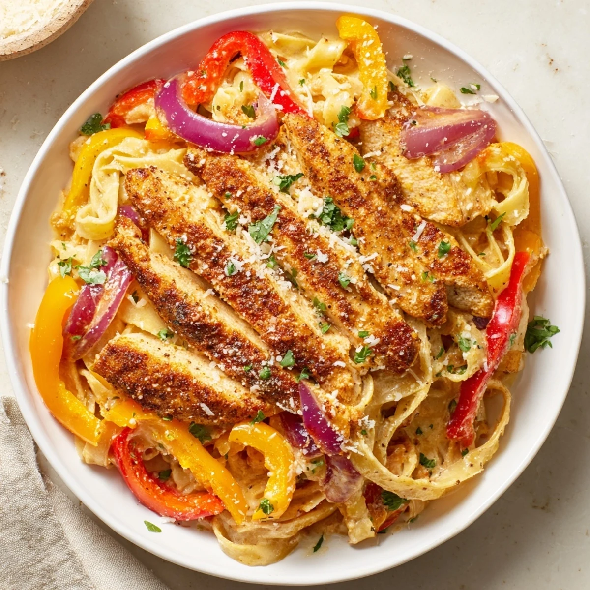 Creamy Cajun Chicken Pasta features tender sliced chicken and colorful bell peppers tossed with fettuccine in a rich Parmesan sauce, garnished with fresh parsley.
