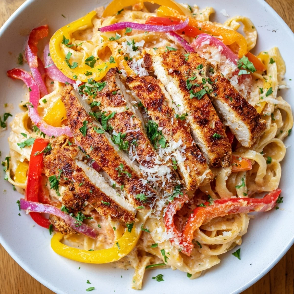 Steaming bowl of Cajun Chicken Pasta with sautéed red and yellow bell peppers, onions, and golden seared chicken strips over creamy fettuccine.