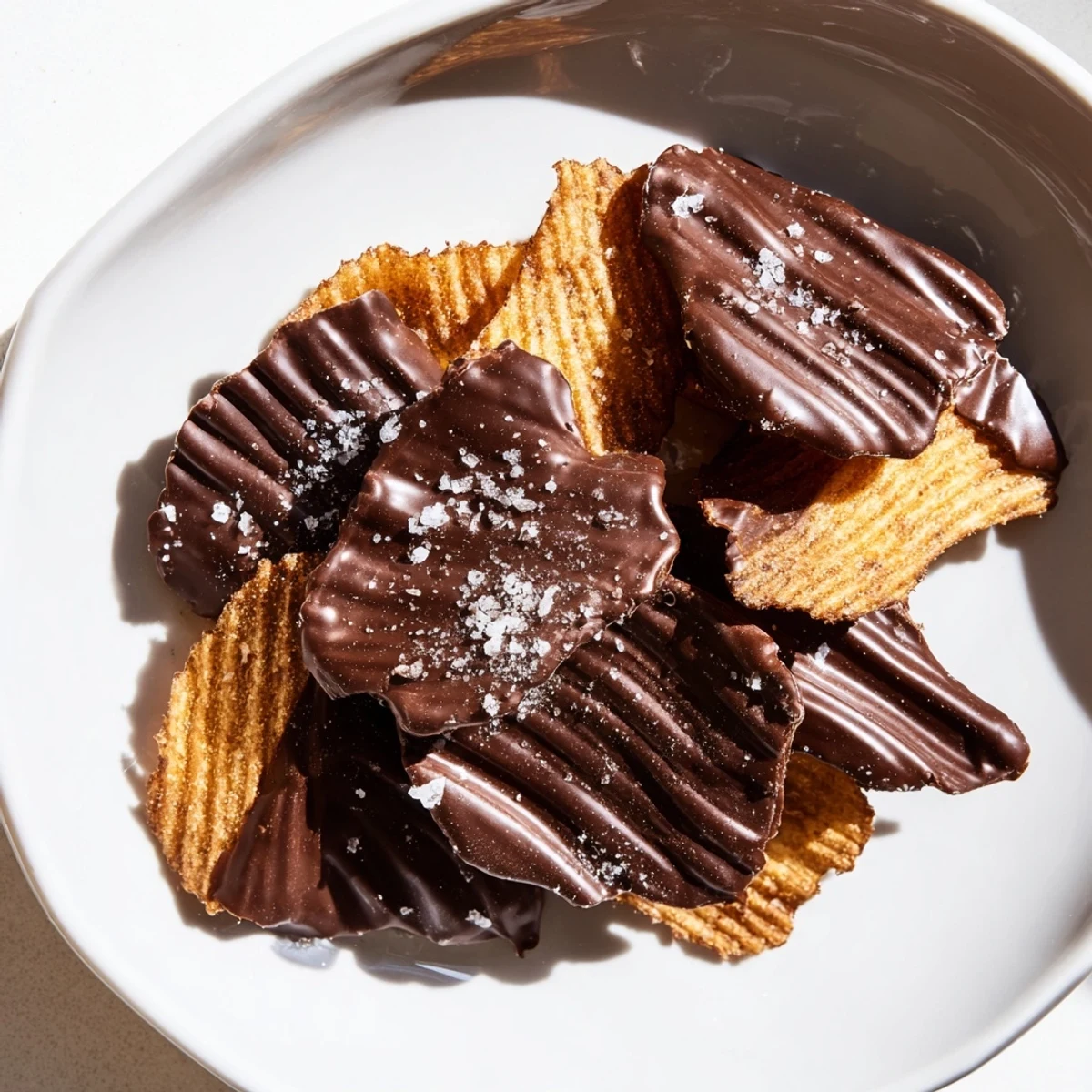 Crispy kettle chips dipped in rich dark chocolate and sprinkled with flaky sea salt for a sweet and salty treat.
