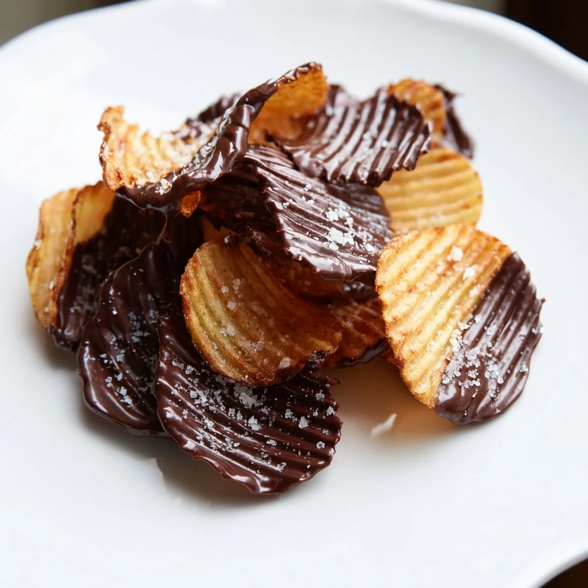 A close-up of chocolate-covered potato chips on a parchment-lined baking sheet, perfect for easy homemade snack cravings.