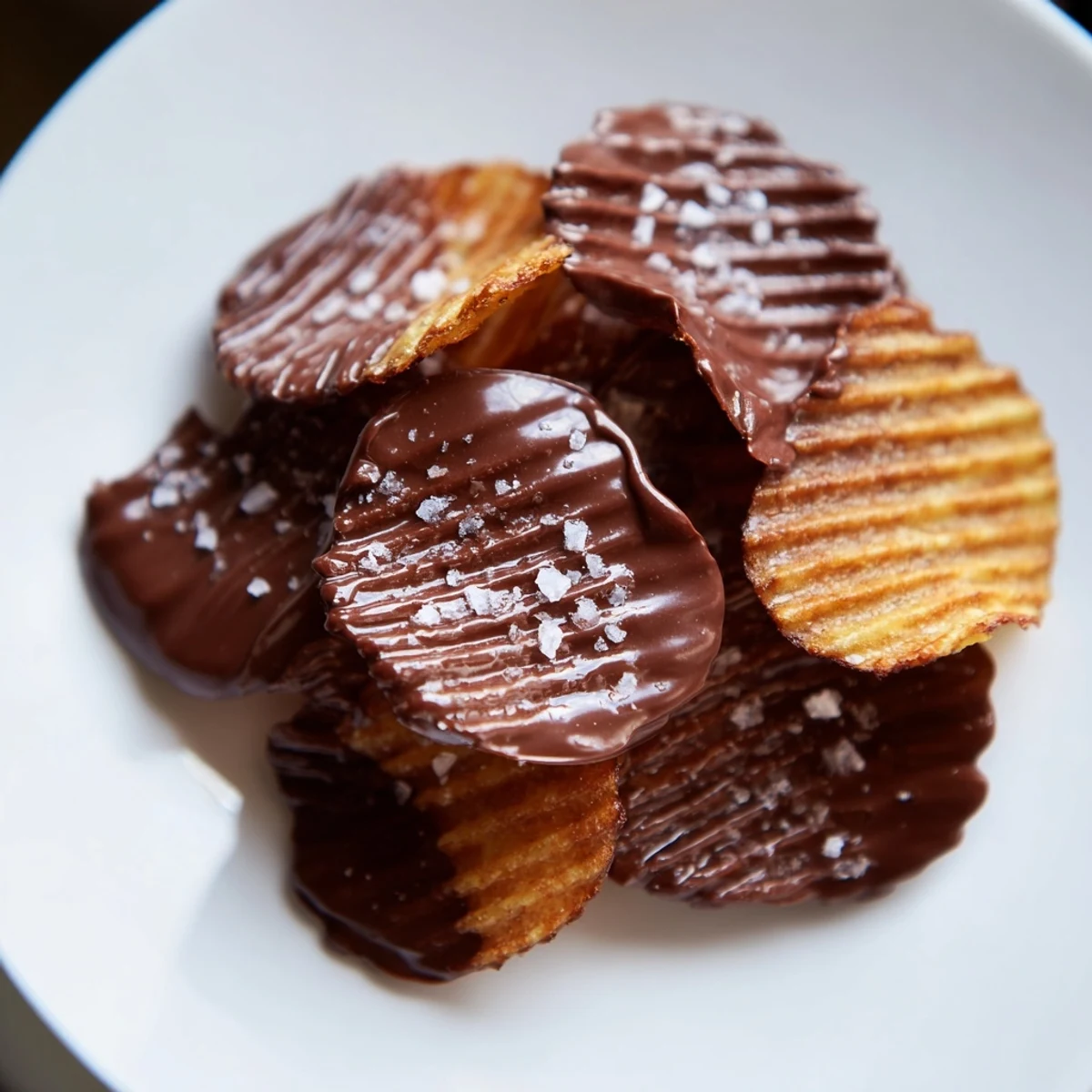 Glossy chocolate-dipped potato chips topped with sea salt, arranged on a cooling rack for a delicious dessert snack.