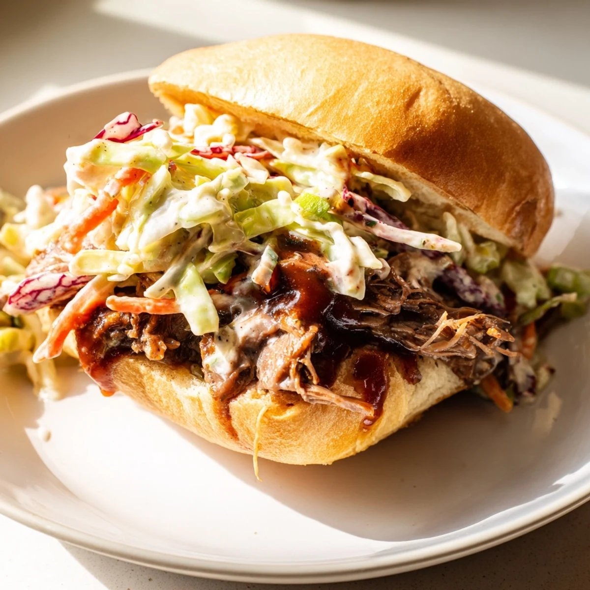 Savory Beef Brisket Sliders piled high with tender shredded meat and tangy BBQ sauce, served on a soft toasted bun with crisp slaw.