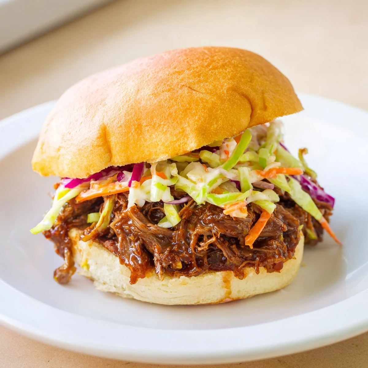 Golden brown slider buns cradling slow-cooked beef brisket, drizzled with smoky BBQ sauce and topped with colorful shredded cabbage slaw.