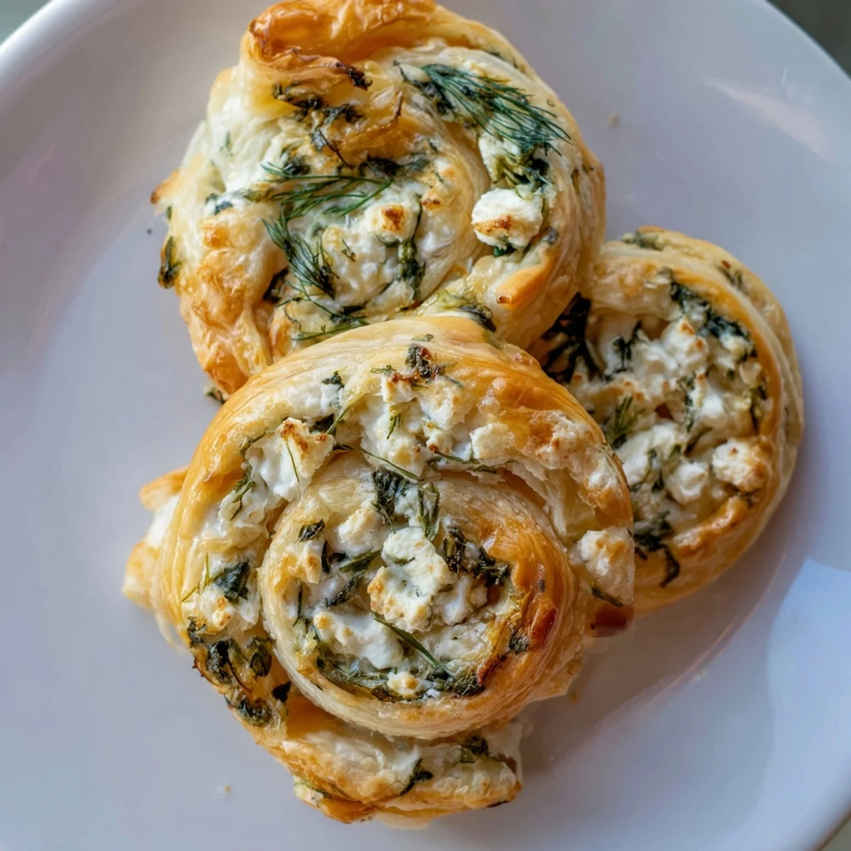 Freshly baked Spinach and Feta Puff Pastry Pinwheels arranged on a white ceramic platter, showcasing flaky golden layers and vibrant green filling.