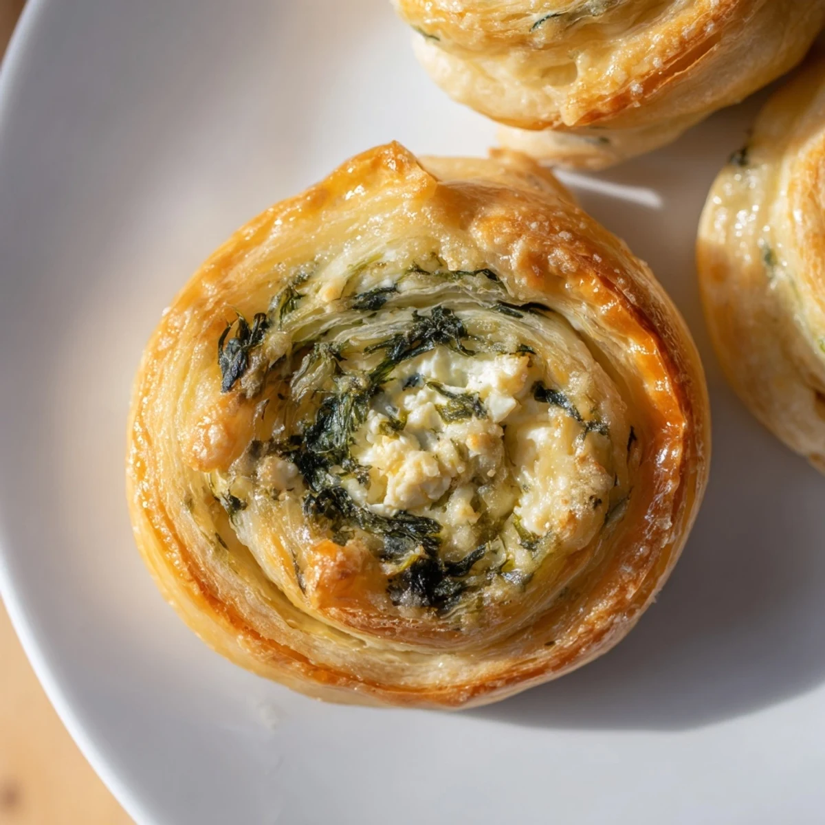Golden-brown Spinach and Feta Puff Pastry Pinwheels with crumbled feta and herbs, served on a rustic wooden board for a Mediterranean appetizer.