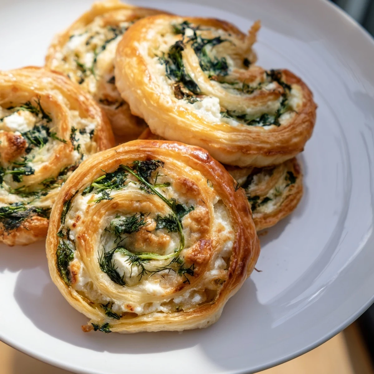 Warm, savory Spinach and Feta Puff Pastry Pinwheels stacked on a plate, featuring melted cheese and fresh spinach visible in the spirals.