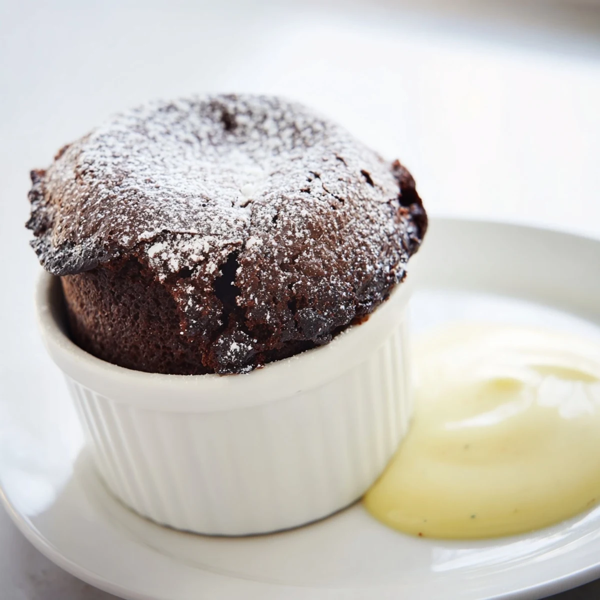 A freshly baked chocolate soufflé with crème anglaise, served warm in a white ramekin.
