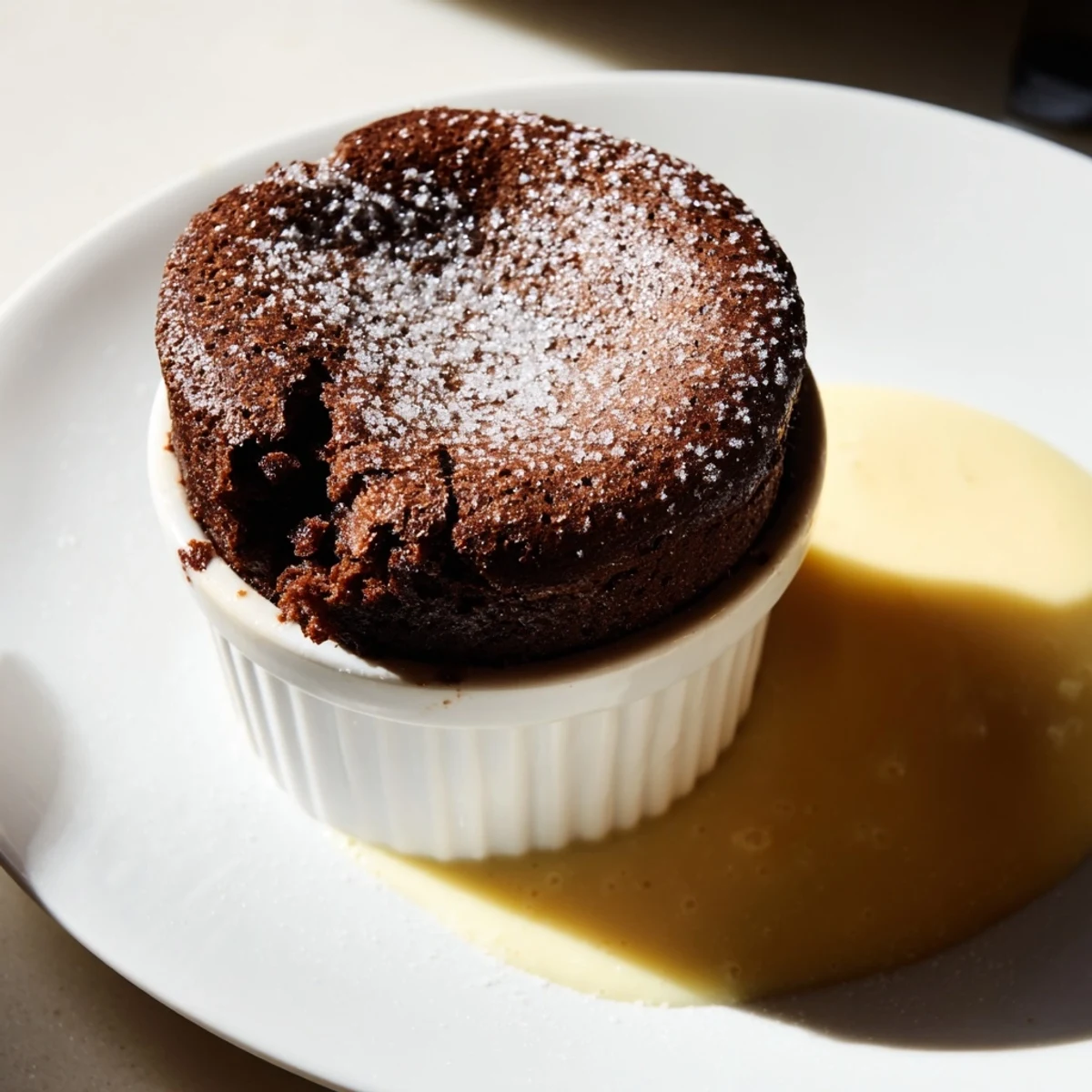Golden-brown chocolate soufflé with vanilla crème anglaise poured nearby for a decadent dessert.