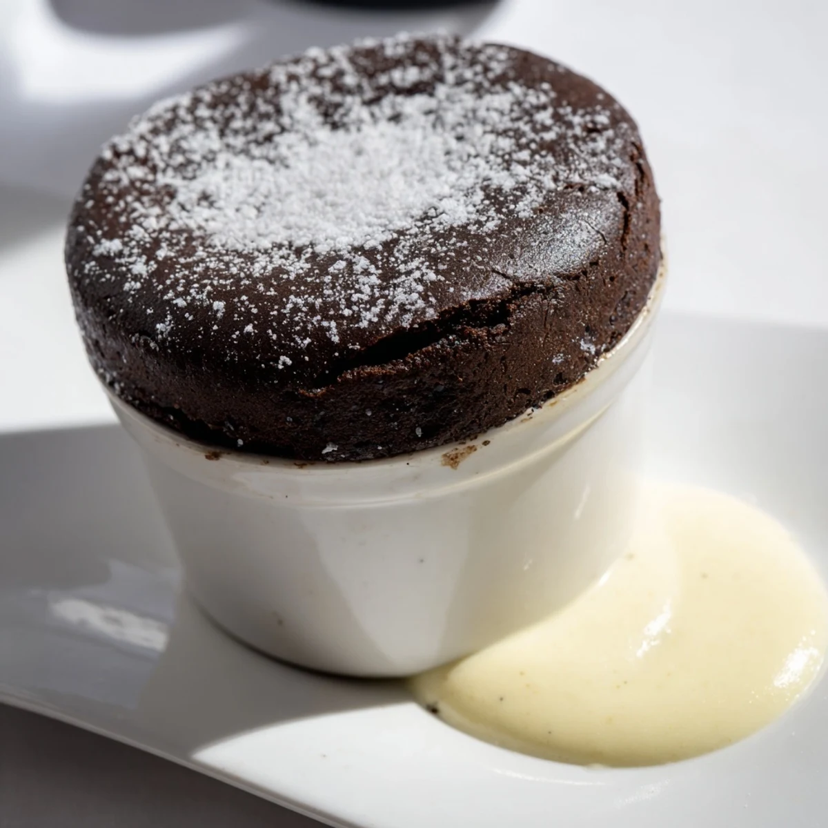 Chocolate soufflé with crème anglaise on a marble counter, dusted with powdered sugar.
