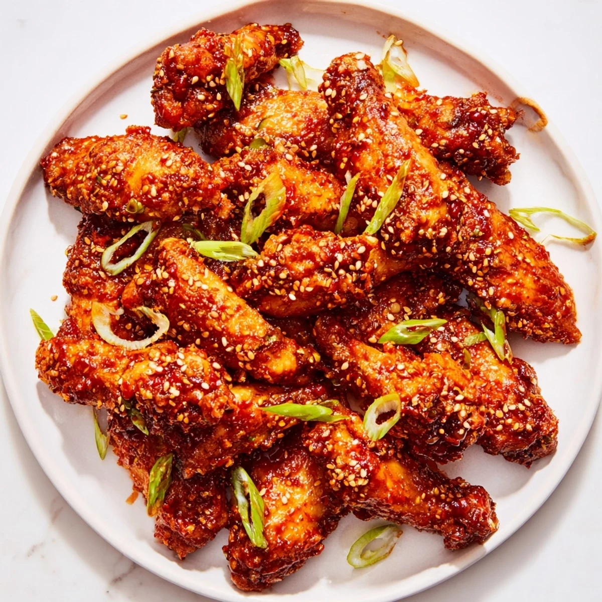 Crispy Spicy Sriracha Chicken Wings with Sesame on a platter, glistening with red glaze and toasted seeds, served with lime wedges and green onions.