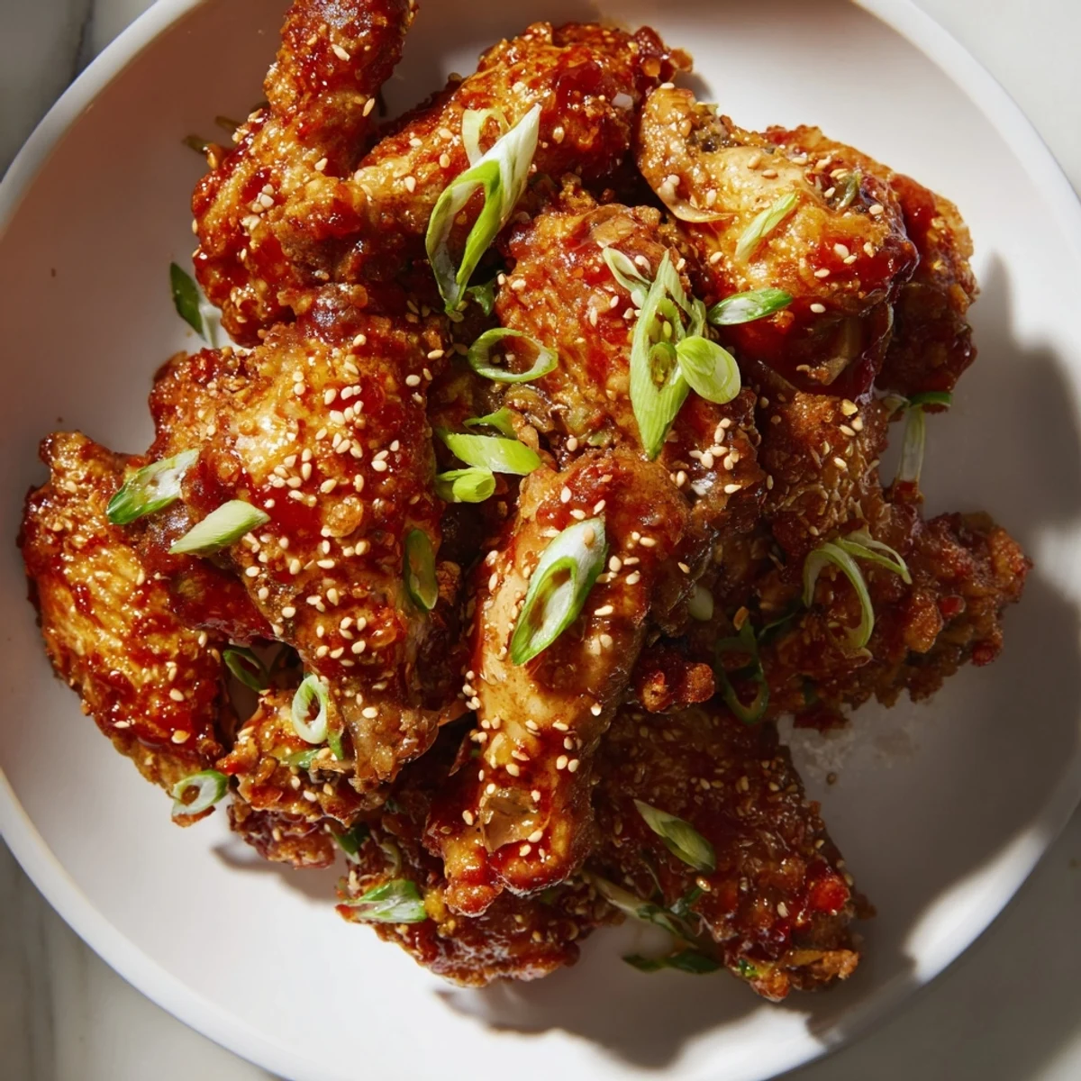 Spicy Sriracha Chicken Wings with Sesame arranged on a dark plate, sticky glaze and crunchy seeds visible, paired with a cold beer for an appetizer.