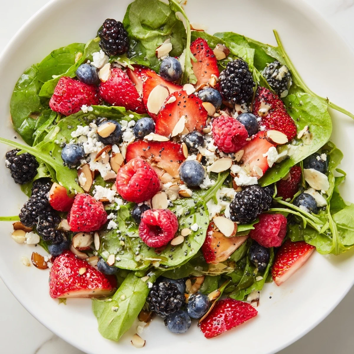 A vibrant Berry Salad with Poppy Seed Dressing features mixed greens and fresh berries topped with crunchy almonds and crumbled feta.
