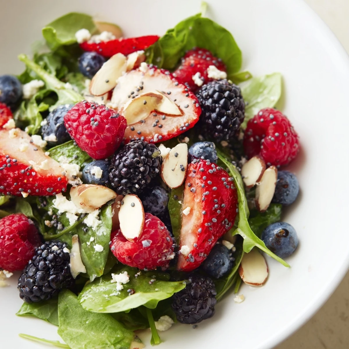 For a summer potluck, the Berry Salad with Poppy Seed Dressing is tossed with a tangy-sweet vinaigrette and finished with almonds.