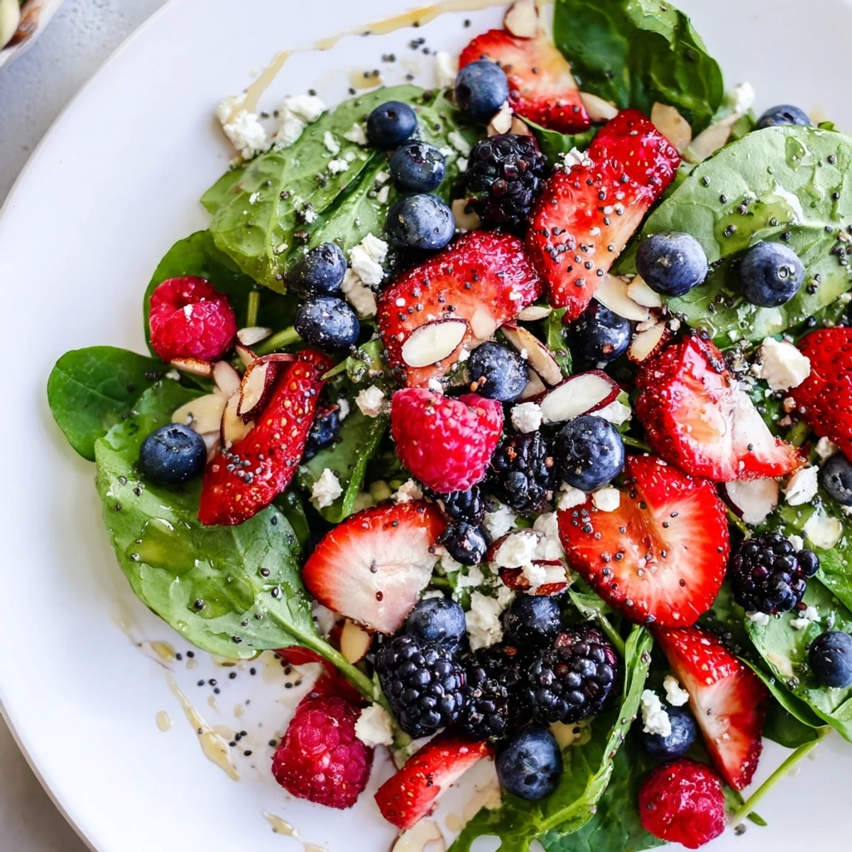 Freshly mixed Berry Salad with Poppy Seed Dressing showcases a colorful medley of strawberries, blueberries, and raspberries on crisp greens.