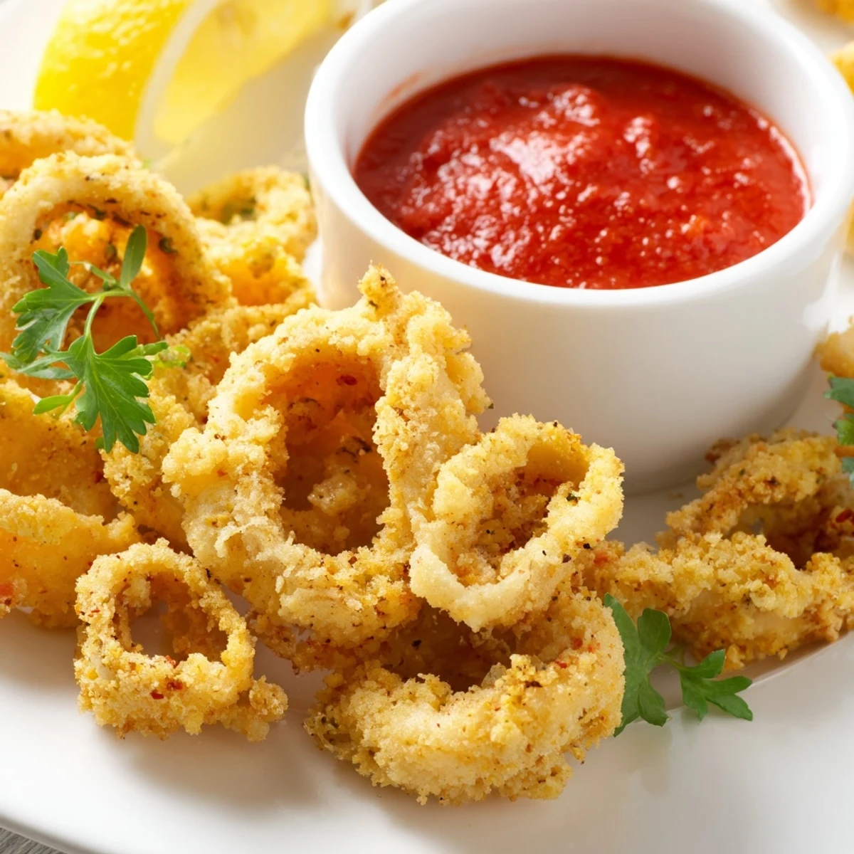 Crispy Calamari with Marinara Dipping Sauce served hot and golden, paired with vibrant tomato sauce and lemon wedges on a casual dining plate.