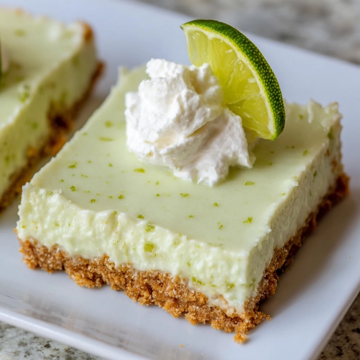 Slice of a chilled Key Lime Pie Bar on a plate, ready to be served with a dollop of whipped cream.