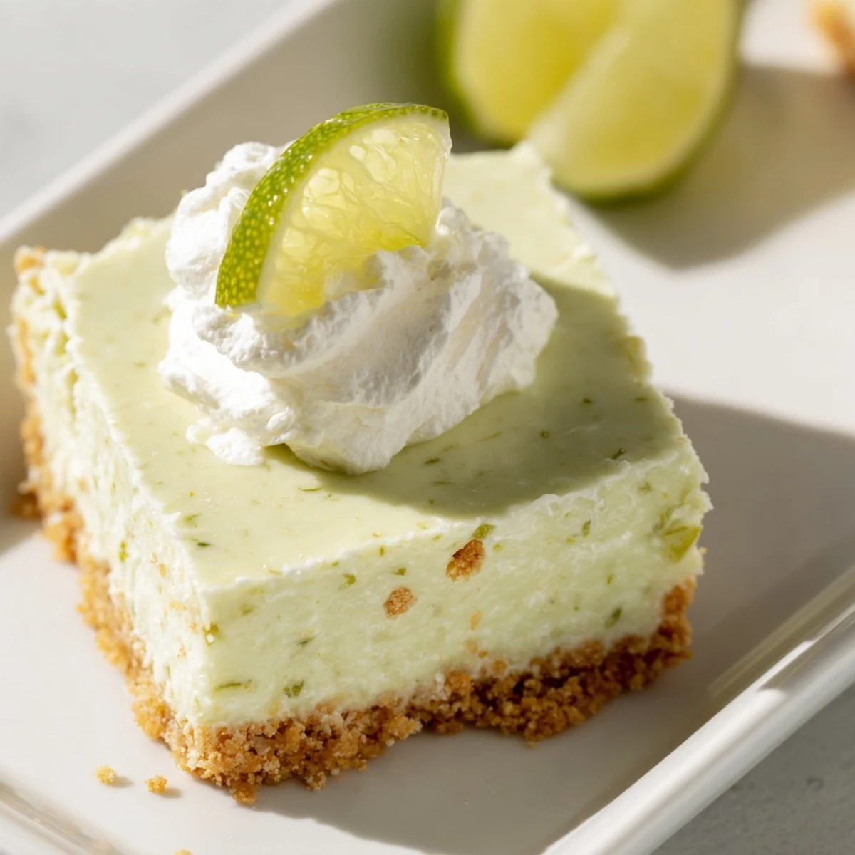 A close-up of Key Lime Pie Bars with a rich, creamy texture and graham cracker crumble garnish.
